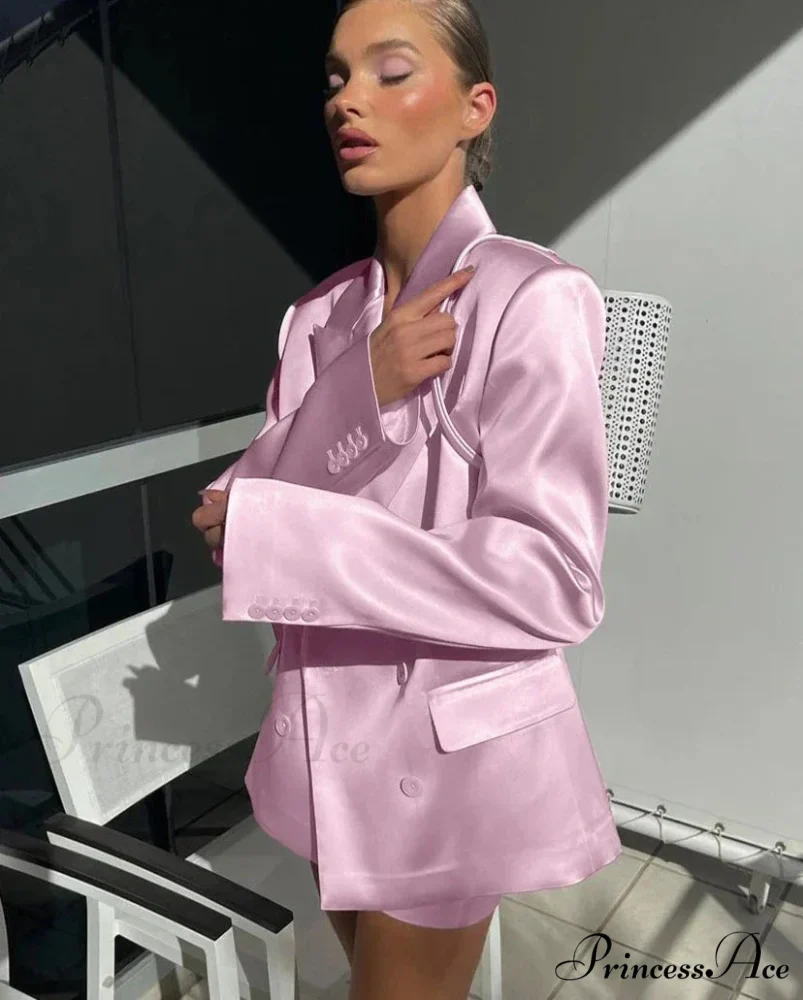 Pink Satin Blazer Charming And Mini Skirt Set - Image 2