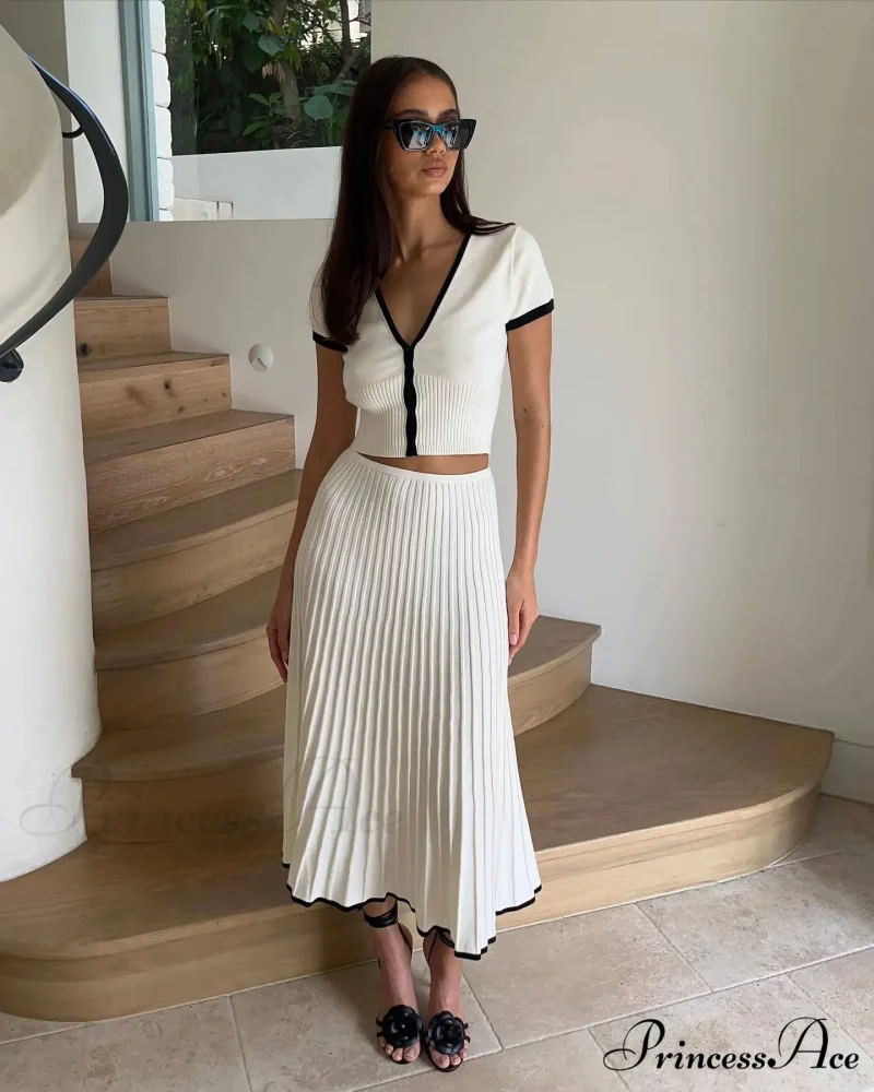 Knit Two Tone Short Sleeve Buttoned Modern Top And Pleated Midi Skirt Set - Image 10