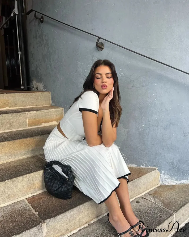 Knit Two Tone Short Sleeve Buttoned Modern Top And Pleated Midi Skirt Set - Image 13