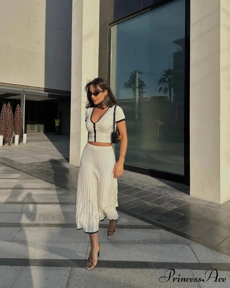 Knit Two Tone Short Sleeve Buttoned Modern Top And Pleated Midi Skirt Set - Image 18