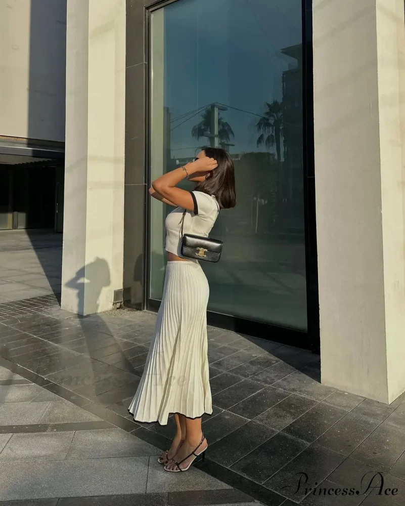 Knit Two Tone Short Sleeve Buttoned Modern Top And Pleated Midi Skirt Set - Image 19