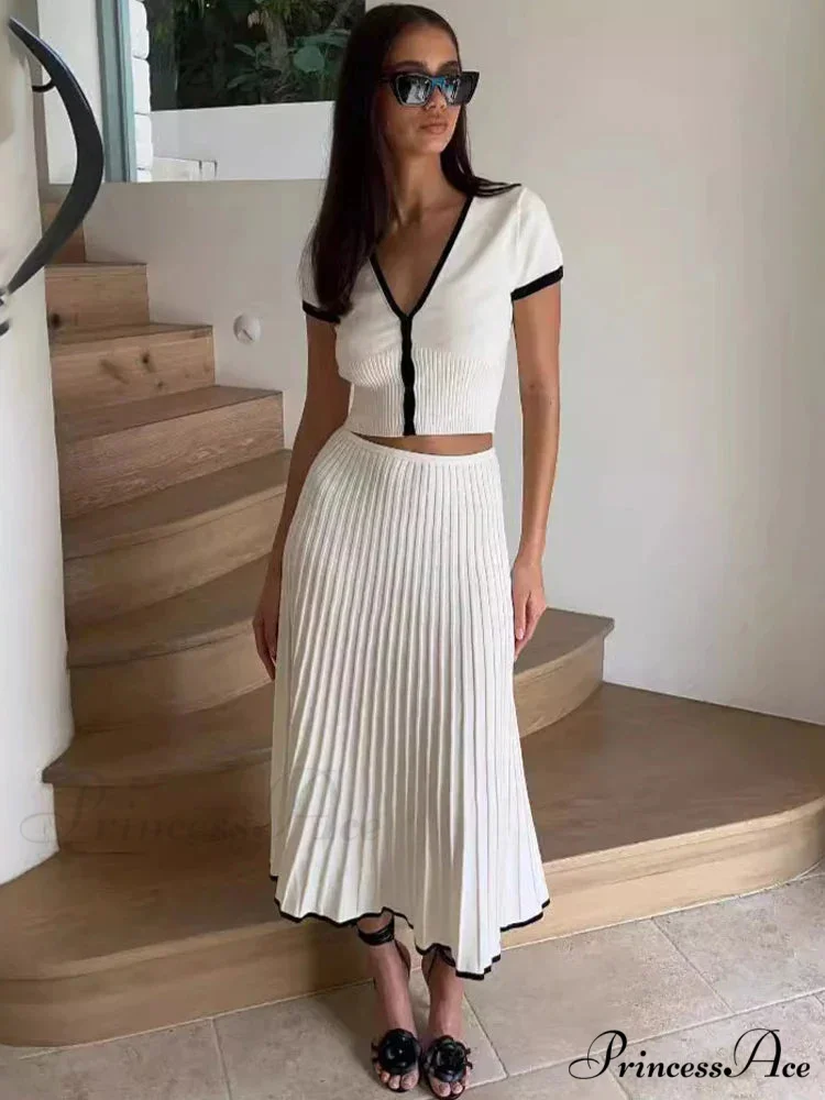 Knit Two Tone Short Sleeve Buttoned Modern Top And Pleated Midi Skirt Set - Image 2