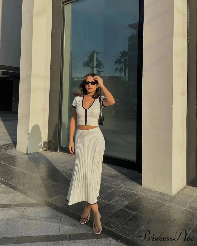 Knit Two Tone Short Sleeve Buttoned Modern Top And Pleated Midi Skirt Set - Image 20
