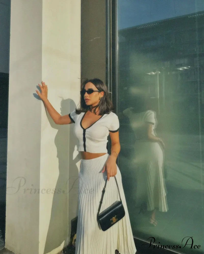 Knit Two Tone Short Sleeve Buttoned Modern Top And Pleated Midi Skirt Set - Image 21