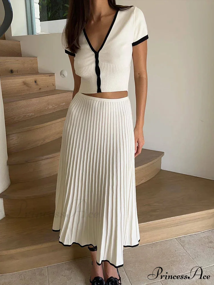Knit Two Tone Short Sleeve Buttoned Modern Top And Pleated Midi Skirt Set - Image 3