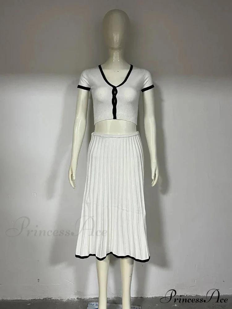 Knit Two Tone Short Sleeve Buttoned Modern Top And Pleated Midi Skirt Set - Image 4
