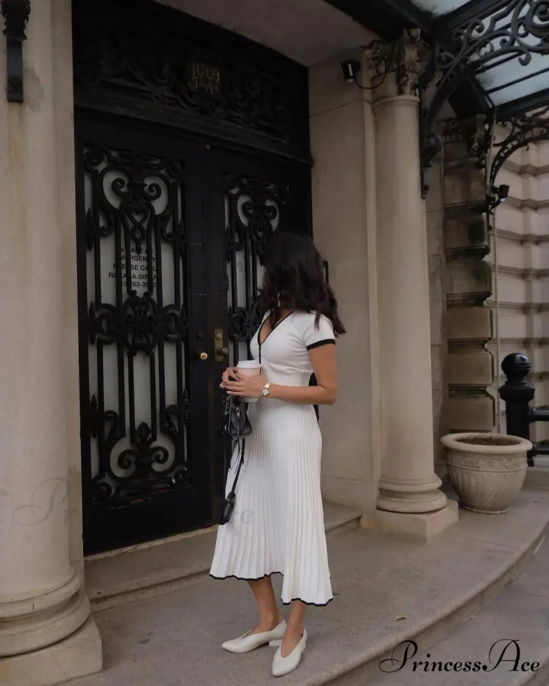 Knit Two Tone Short Sleeve Buttoned Modern Top And Pleated Midi Skirt Set - Image 6
