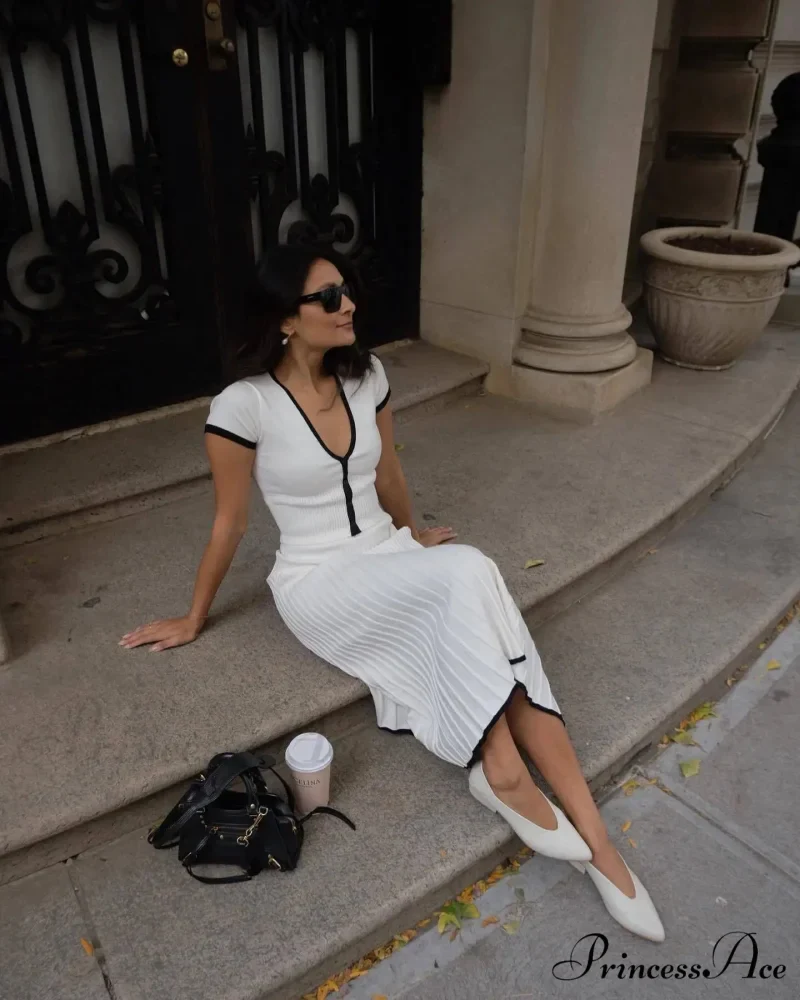 Knit Two Tone Short Sleeve Buttoned Modern Top And Pleated Midi Skirt Set - Image 7