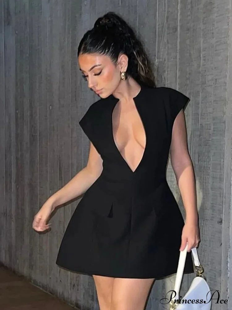 Black Deep Neck Short Graceful Sleeve Solid Mini Dress - Image 11