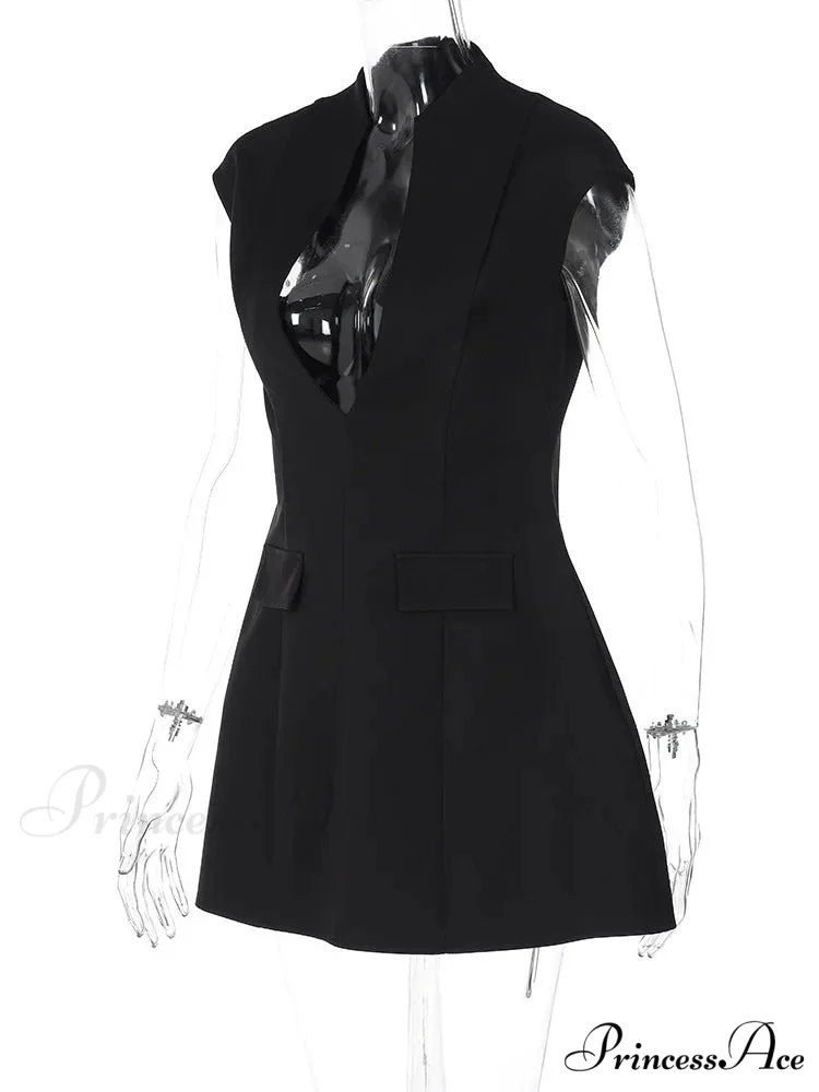 Black Deep Neck Short Graceful Sleeve Solid Mini Dress - Image 13