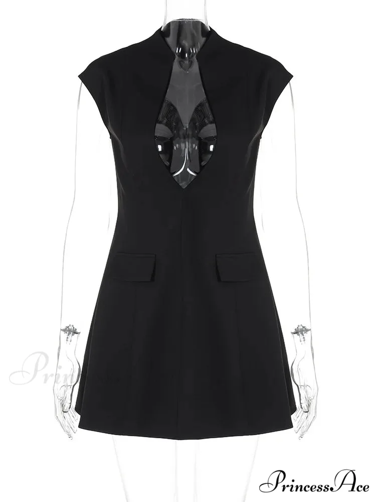 Black Deep Neck Short Graceful Sleeve Solid Mini Dress - Image 3