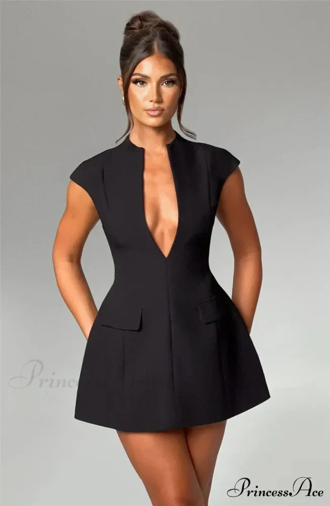 Black Deep Neck Short Graceful Sleeve Solid Mini Dress - Image 4