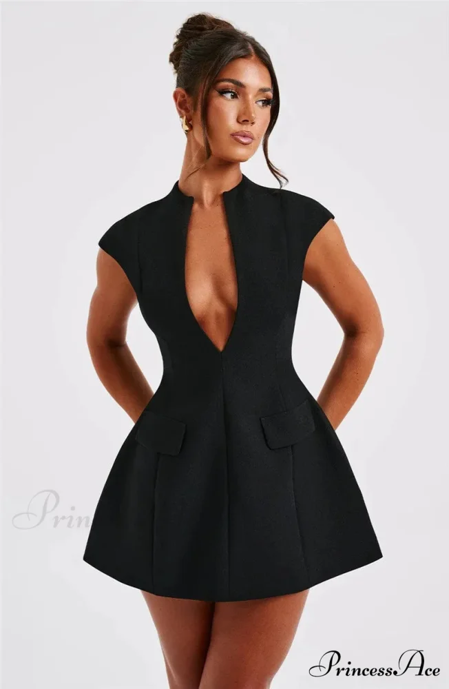 Black Deep Neck Short Graceful Sleeve Solid Mini Dress - Image 5