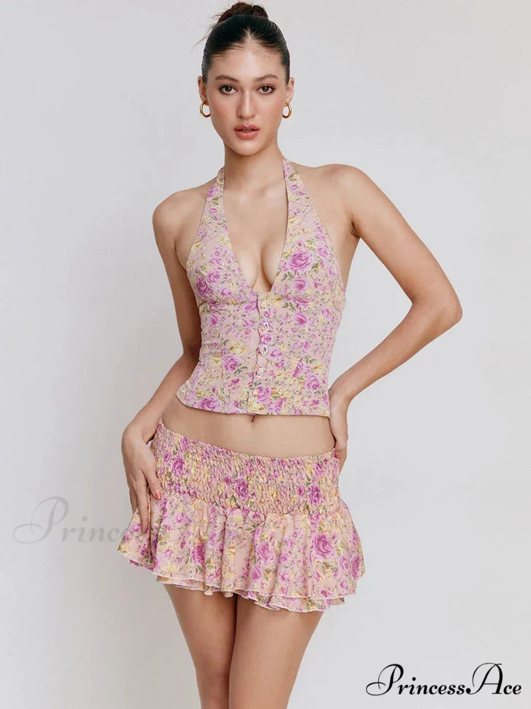 Floral Print Halter Buttoned Graceful Top And Mini Skirt Set - Image 2