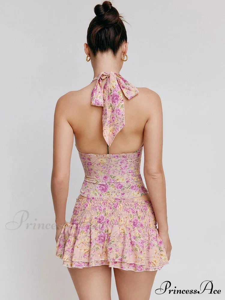 Floral Print Halter Buttoned Graceful Top And Mini Skirt Set - Image 3
