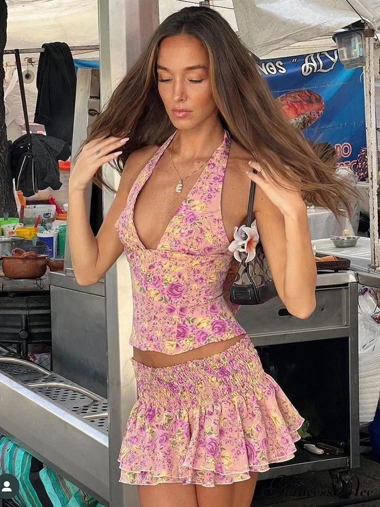 Floral Print Halter Buttoned Graceful Top And Mini Skirt Set - Image 5