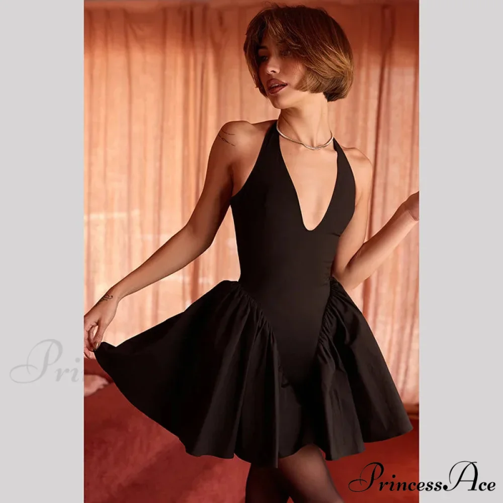Black V-neck Halter Charming Frill Mini Dress - Image 3