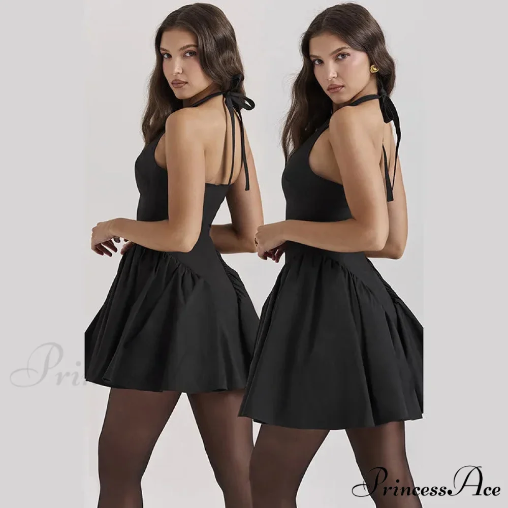 Black V-neck Halter Charming Frill Mini Dress - Image 6