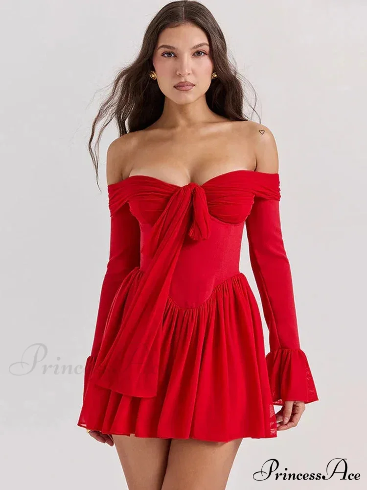 Red Off-Shoulder Stylish Frill Mini Dress - Image 2