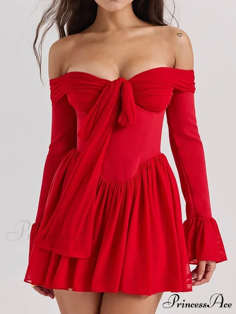 Red Off-Shoulder Stylish Frill Mini Dress - Image 3