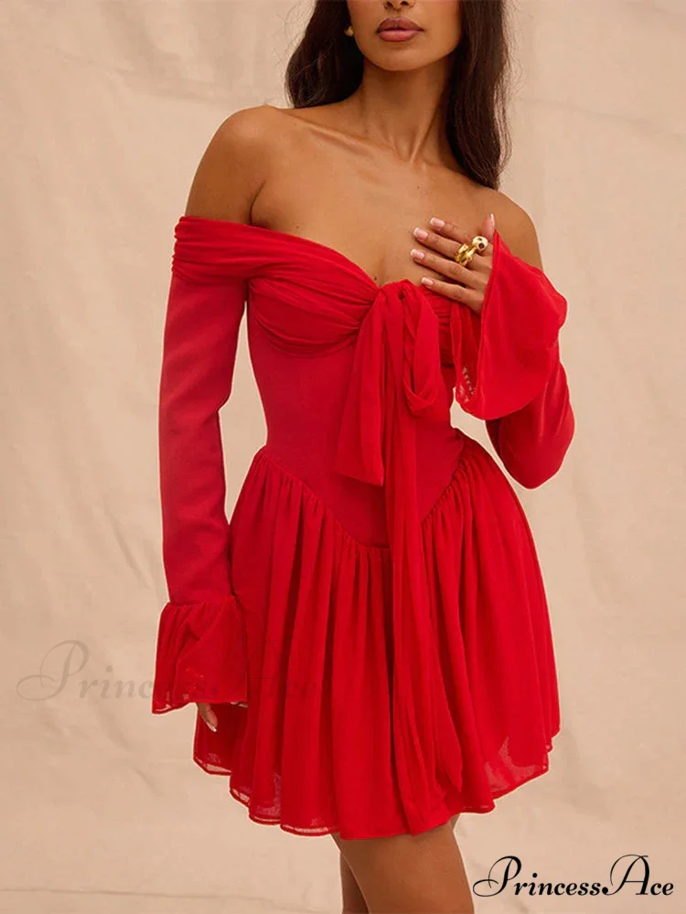 Red Off-Shoulder Stylish Frill Mini Dress - Image 4