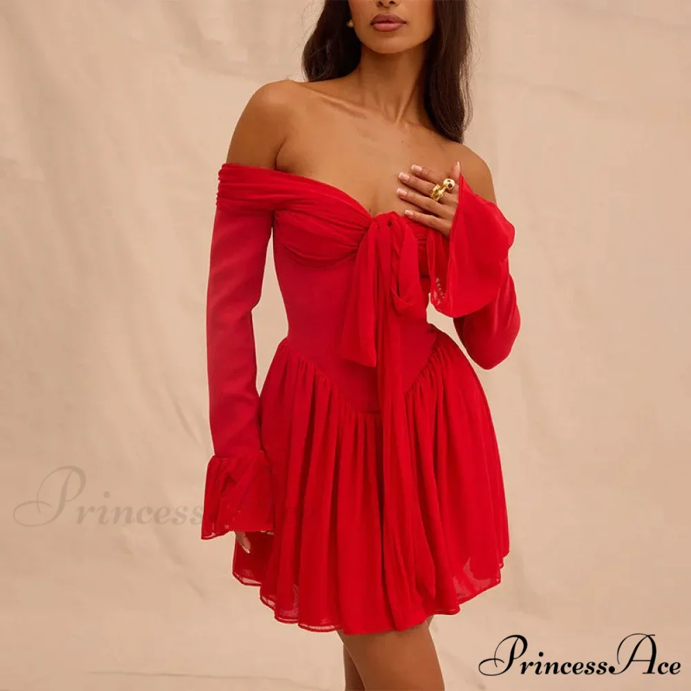 Red Off-Shoulder Stylish Frill Mini Dress - Image 9