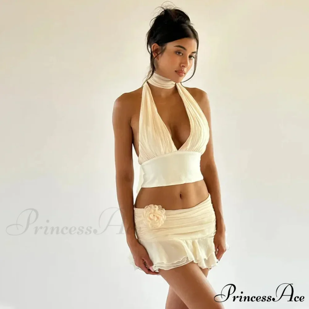 Ruched V-neck Bralette And Graceful Frill Mini Skirt Set - Image 10