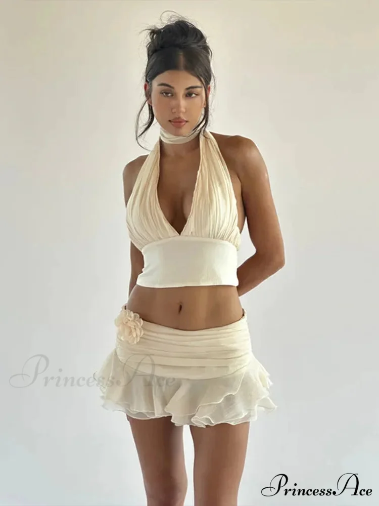 Ruched V-neck Bralette And Graceful Frill Mini Skirt Set - Image 3