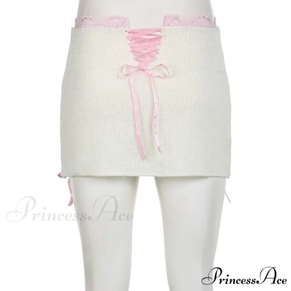 Lace Knitted Bow Fairycore Graceful Balletcore Micro Mini Skirt - Image 5