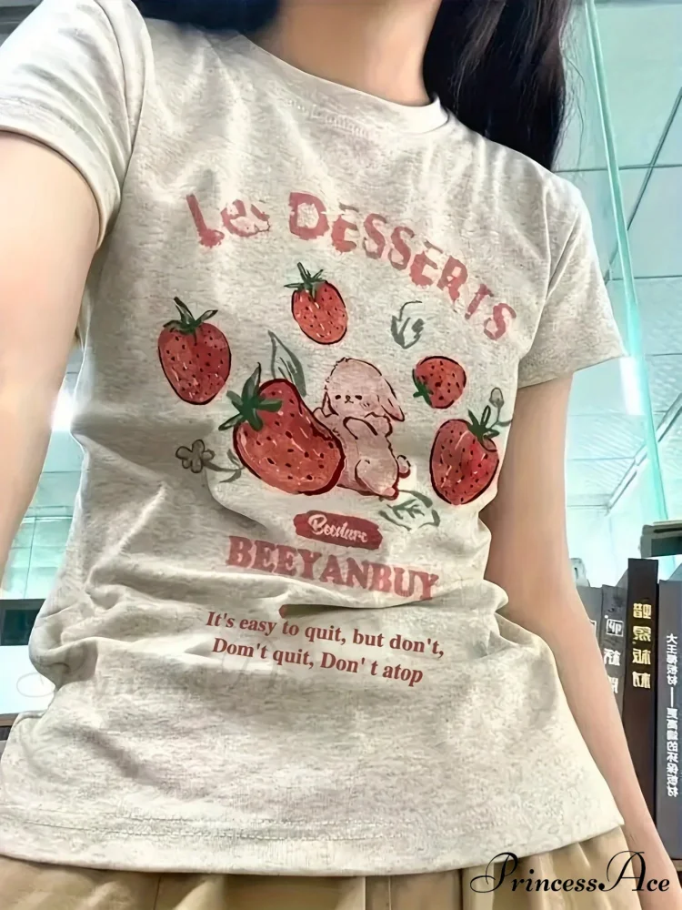 Les Dessert Strawberry & Graceful Letter Print Short Sleeve T-Shirt - Image 2