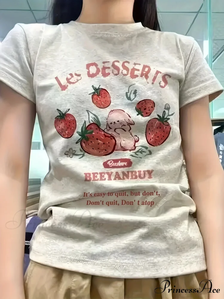 Les Dessert Strawberry & Graceful Letter Print Short Sleeve T-Shirt - Image 3