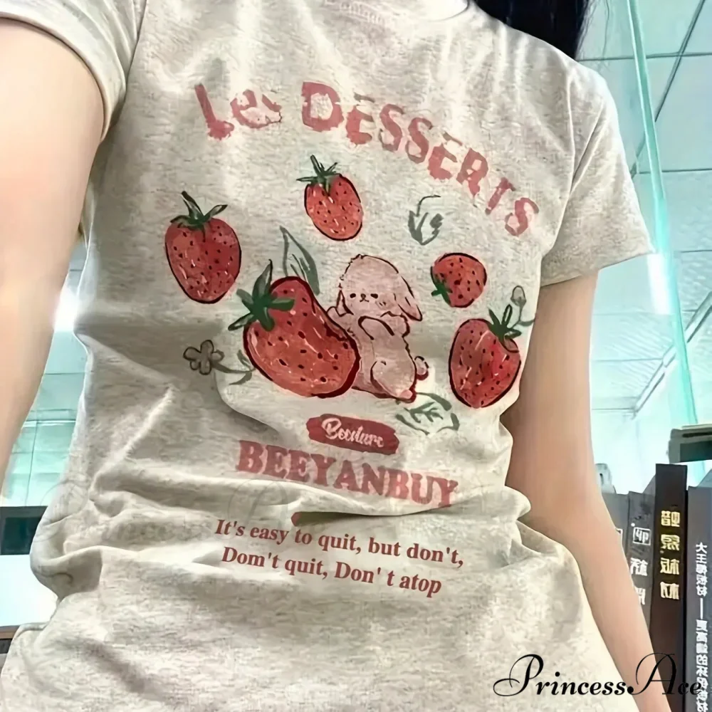 Les Dessert Strawberry & Graceful Letter Print Short Sleeve T-Shirt - Image 5