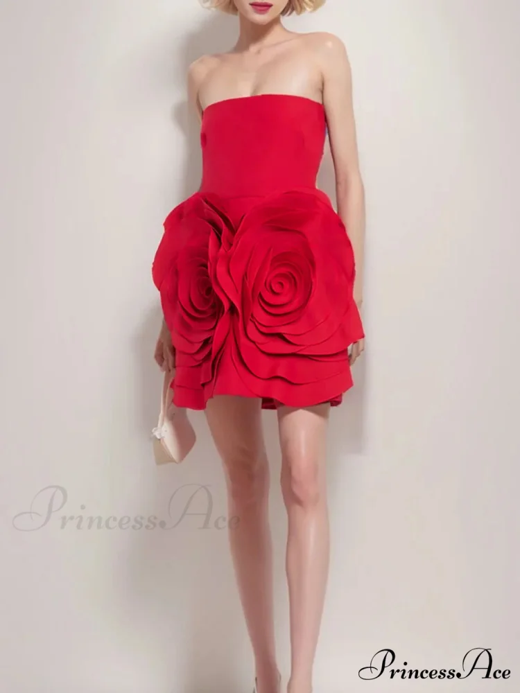 Red Strapless 3D Charming Big Flower Mini Dress - Image 11