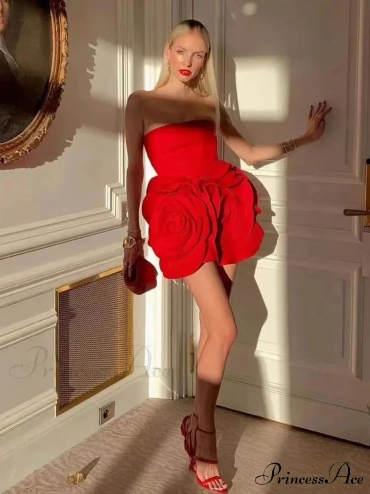 Red Strapless 3D Charming Big Flower Mini Dress - Image 2