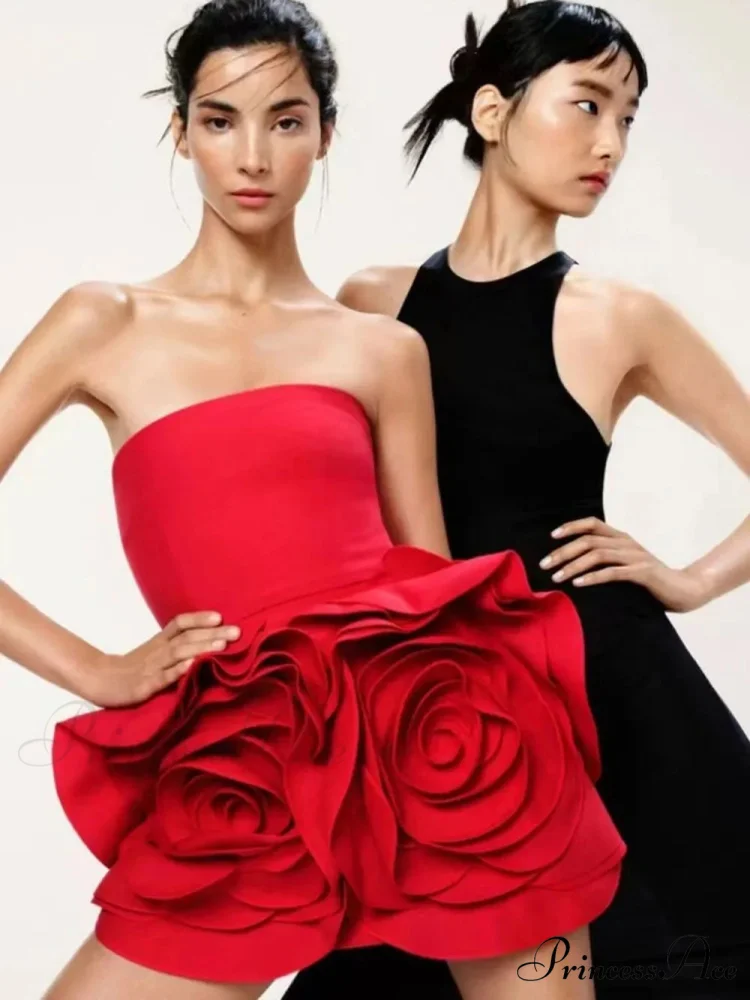 Red Strapless 3D Charming Big Flower Mini Dress - Image 4