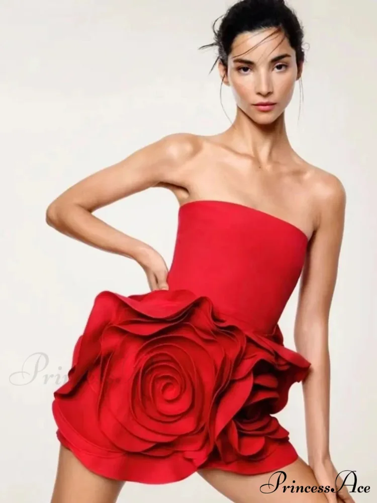 Red Strapless 3D Charming Big Flower Mini Dress - Image 5