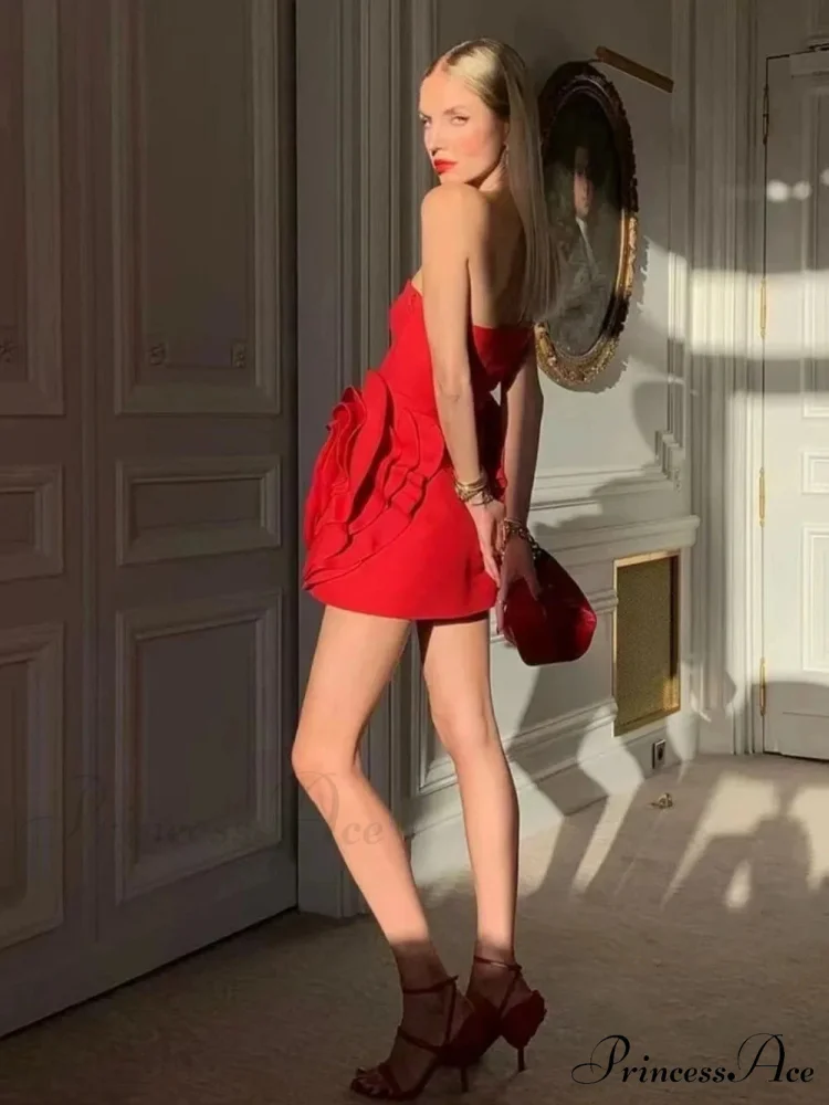 Red Strapless 3D Charming Big Flower Mini Dress - Image 6
