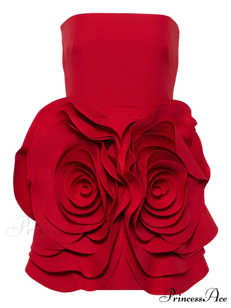 Red Strapless 3D Charming Big Flower Mini Dress - Image 7