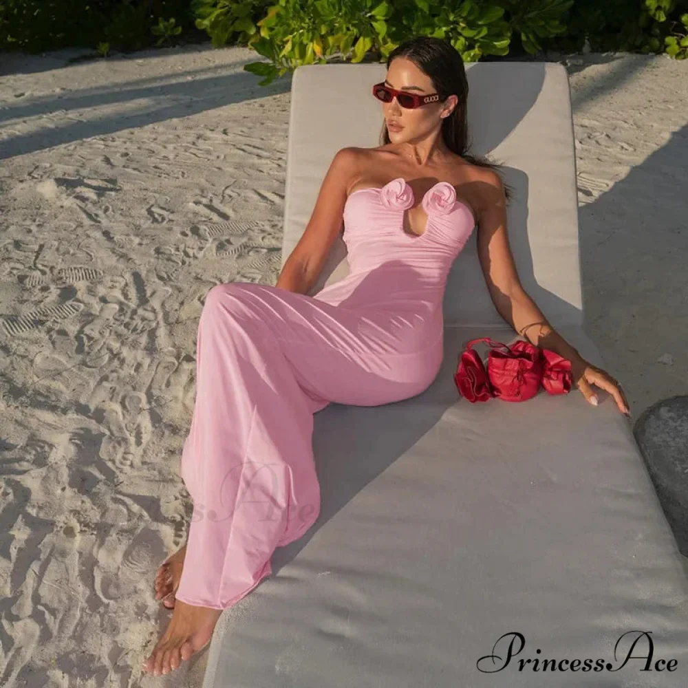 Pink 3D Floral-applique Charming Strapless Maxi Dress - Image 4