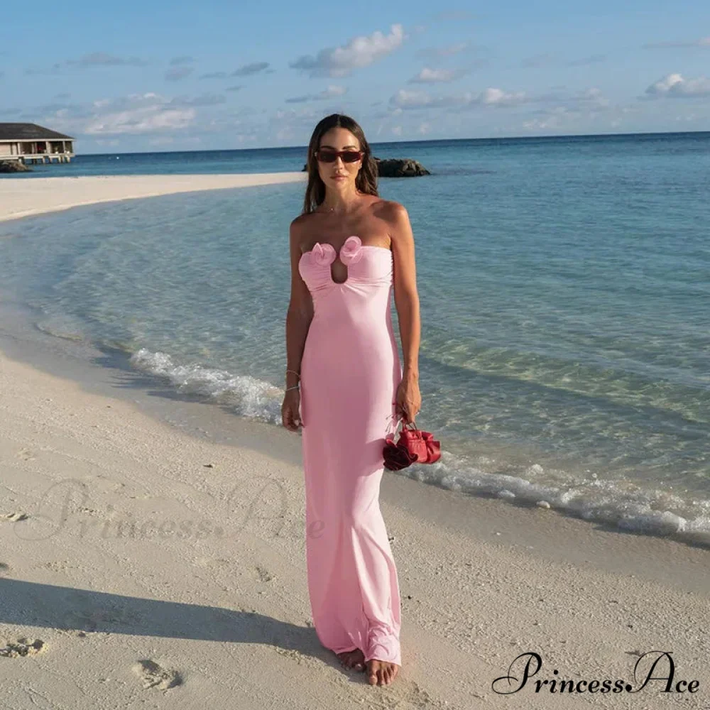 Pink 3D Floral-applique Charming Strapless Maxi Dress - Image 5