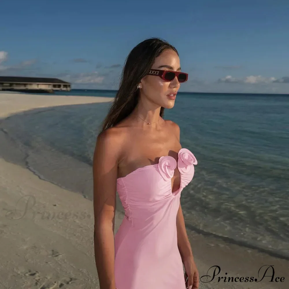 Pink 3D Floral-applique Charming Strapless Maxi Dress - Image 6