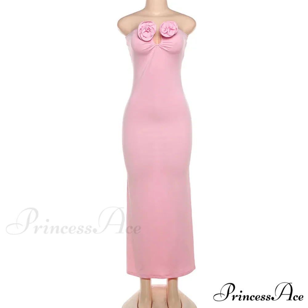 Pink 3D Floral-applique Charming Strapless Maxi Dress - Image 7
