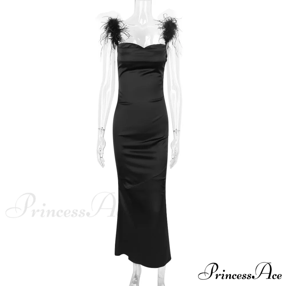 Black Satin Feather Charming Strap Maxi Dress - Image 10