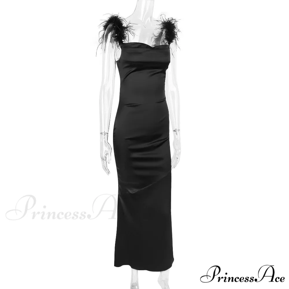 Black Satin Feather Charming Strap Maxi Dress - Image 11