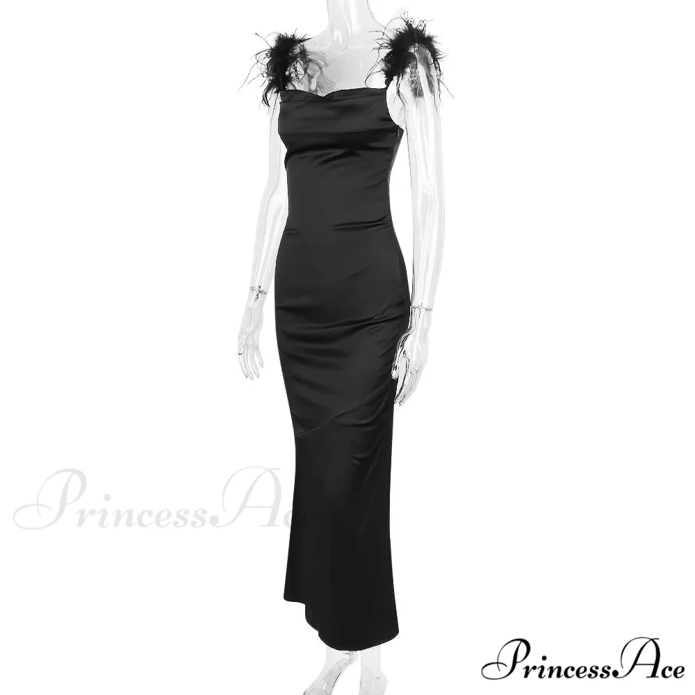 Black Satin Feather Charming Strap Maxi Dress - Image 12