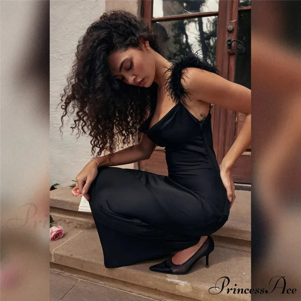 Black Satin Feather Charming Strap Maxi Dress - Image 3