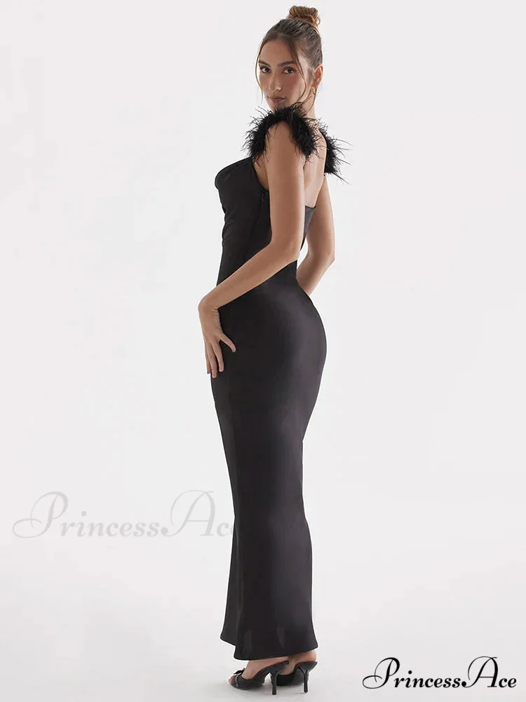 Black Satin Feather Charming Strap Maxi Dress - Image 5
