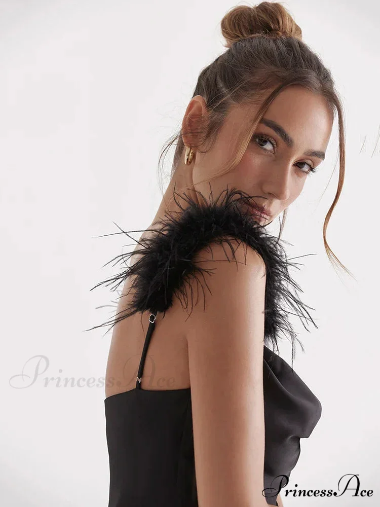 Black Satin Feather Charming Strap Maxi Dress - Image 6