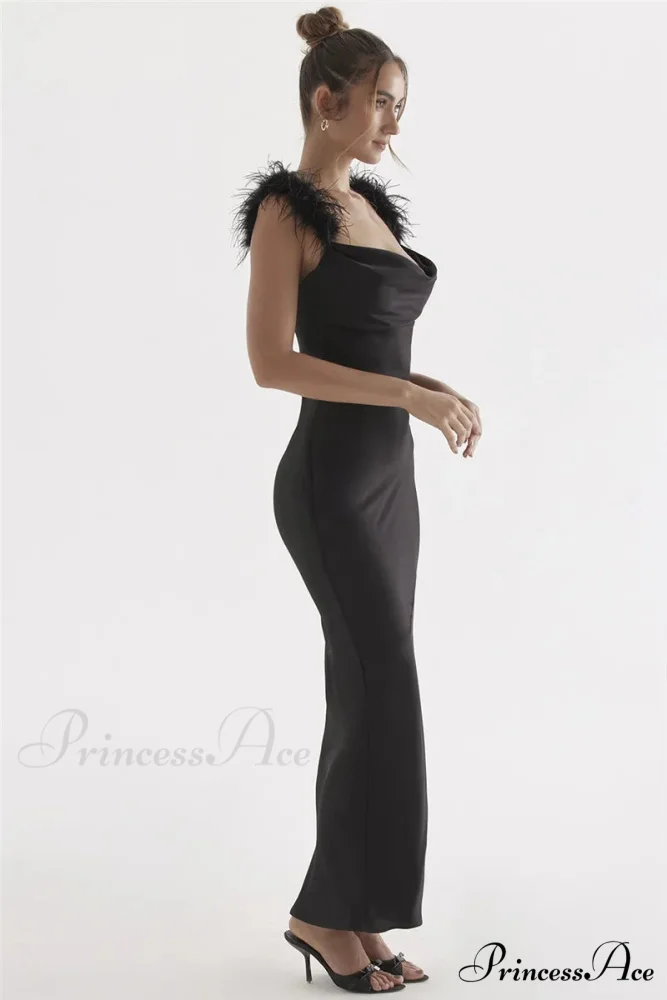 Black Satin Feather Charming Strap Maxi Dress - Image 8
