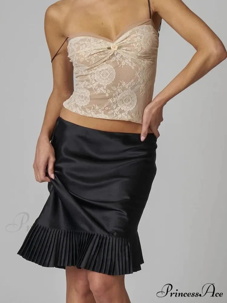 Satin Pleated Stylish Trim Midi Skirt - Image 3